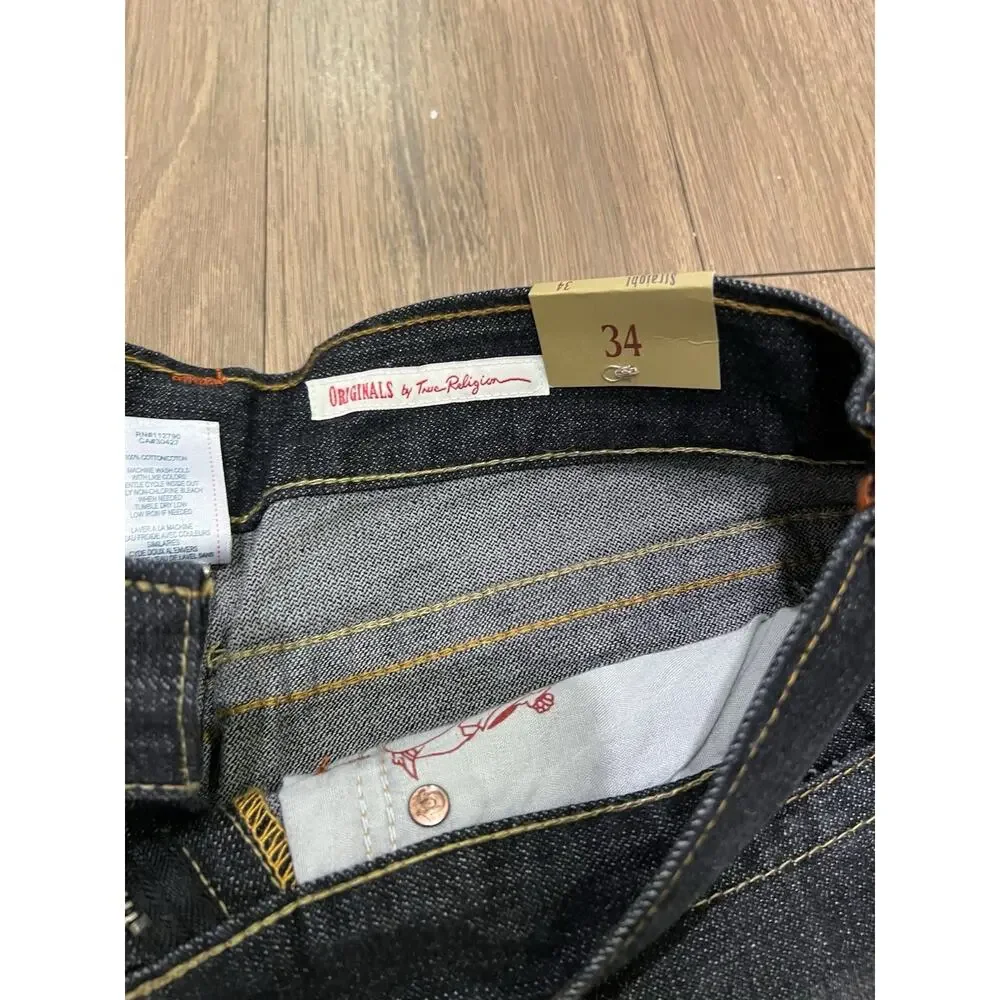 New True Religion Black Straight Ricky Jeans USA 34 Big T Flap Y2K